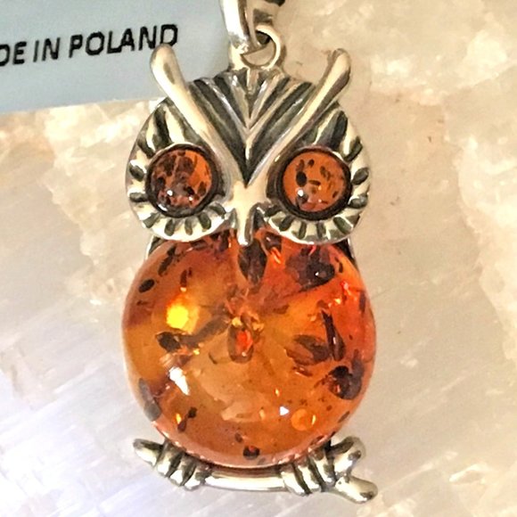 Baltic Amber Owl .925 Pendant Cognac Color Sterling Silver Genuine Large - Picture 9 of 14